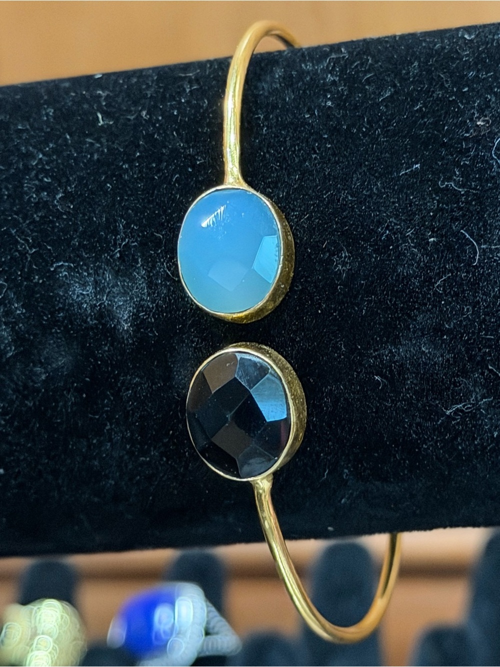 Gold-Tone Double Stone Cuff Bracelet with Blue Calcedony and Black Onyx Stones
